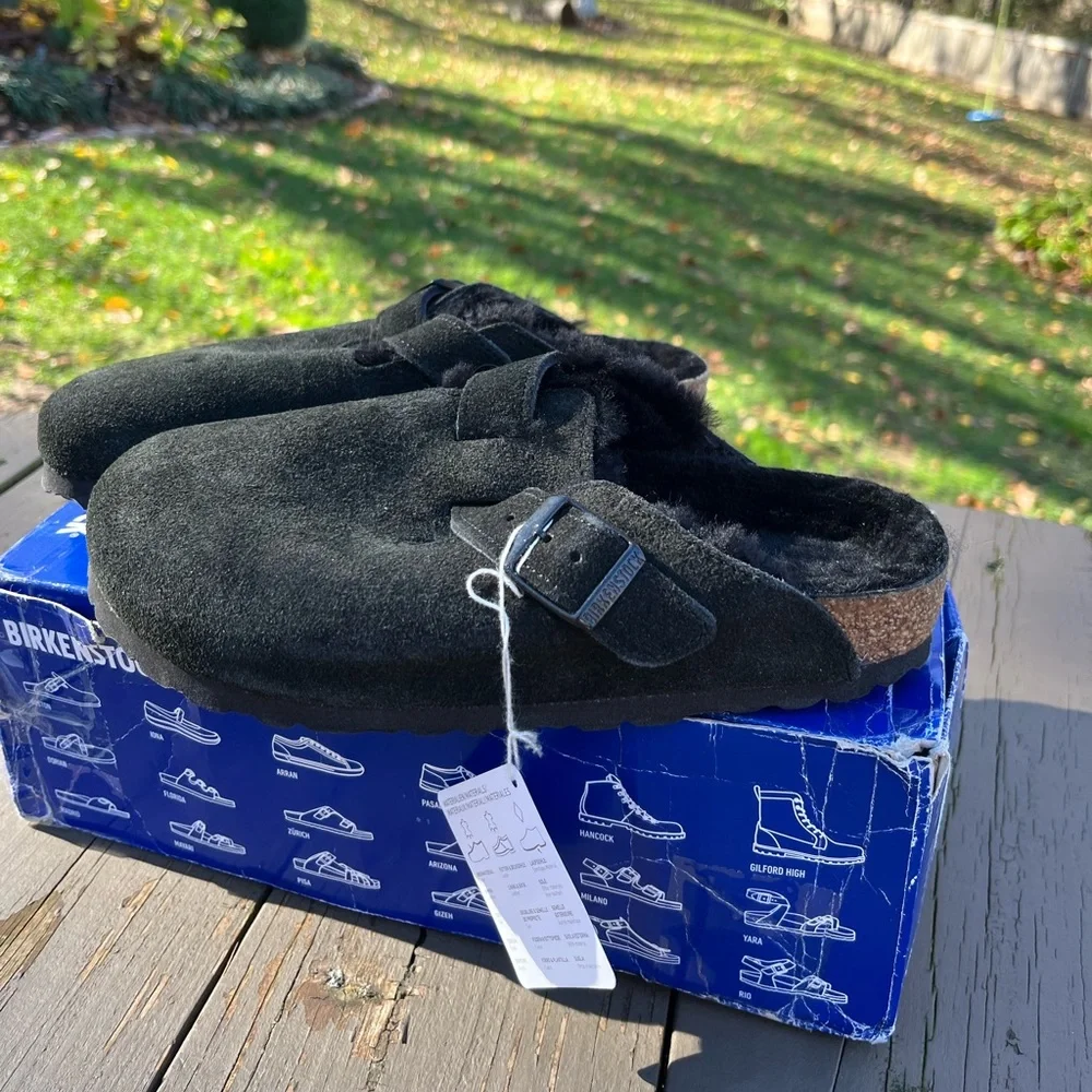 🖤BIRKENSTOCK BOSTON SHEARLING IN BLACK SUEDE CLOGS SHOES 37 EU 6 US NARROW - Picture 6 of 10